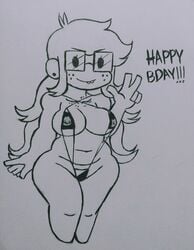 birthday breasts chibi deatthot deatthot_(character) glasses igross line_art mob_face sling_bikini text