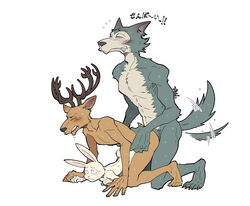 all_fours ambiguous_penetration anal anal_sex anthro anthro_on_anthro anthro_penetrated anthro_penetrating anthro_penetrating_anthro antlers balls_deep beastars big_dom_small_sub bisexual bisexual_sandwich blush bodily_fluids brown_body brown_fur canid canine canis cervid cervine closed_eyes doggy_style dwarf_rabbit female from_behind_position fur grey_body grey_fur group group_sex hand_on_hip haru_(beastars) horn lagomorph larger_male legoshi_(beastars) leporid louis_(beastars) male male/male mammal mounting open_mouth penetration penile penile_penetration rabbit red_deer sandwich_position sex shirako side_view size_difference smaller_female straight sweat tailwag threesome train_position white_body white_fur wide_eyed wolf