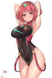 1girls absurdres armpits arms_behind_head bangs blush breasts closed_mouth clothed clothed_female competition_swimsuit covered_navel emerald_(gemstone) eyebrows_visible_through_hair female female_only gem highres large_breasts mukatsukulsp nintendo one-piece_swimsuit posing pyra red_eyes red_hair short_hair simple_background solo swept_bangs swimsuit thighs voluptuous white_background xenoblade_(series) xenoblade_chronicles_2