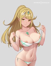 1girls areola_slip areolae bangs bare_hips bare_shoulders bikini blonde_hair blush breasts cleavage closed_mouth collarbone cowboy_shot dakkalot earrings female female_only gem groin high_ponytail hikari_(xenoblade_2) jewelry large_breasts long_hair looking_at_viewer mythra navel nintendo nipple_slip nipples pulled_by_self ribbon side-tie_bikini sidelocks smile solo stomach strap_pull swept_bangs swimsuit tiara toned very_long_hair white_bikini white_ribbon xenoblade_(series) xenoblade_chronicles_2 yellow_eyes