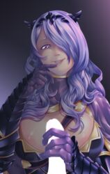 1boy 1girls camilla_(fire_emblem) censored cleavage fire_emblem fire_emblem_fates handjob large_breasts long_hair male_pov nintendo pov purple_hair red_eyes seios