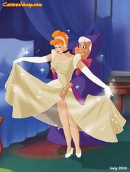 2004 2girls age_difference blonde_hair cartoonvalley.com cinderella_(1950_film) cinderella_(disney) disney disney_princess dress fairy_godmother_(disney) female female_only grabbing_from_behind grey_hair helg multiple_girls older_female princess_dress robe wish younger_female yuri