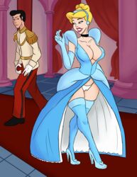 1boy 1girls blonde_hair bulge canon_couple cinderella_(1950_film) cinderella_(disney) clothed disney disney_princess erection_under_clothes female hand_on_crotch looking_back prince_charming red_lips robe seductive seductive_look shoes thegreatlionfish uniform