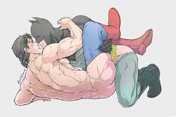 2boys ass batman batman_(series) blush bruce_wayne clark_kent dc dc_comics evinist gay head_grab leg_grab male male/male male_only male_penetrated male_penetrating missionary_position muscles muscular muscular_male partially_clothed penetration sex superhero superman superman_(series) sweat tagme yaoi