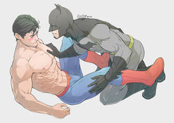 2boys abs bara batman batman_(series) blush bruce_wayne clark_kent dc dc_comics evinist gay justice_league male male/male male_only muscles muscular muscular_male pectorals smile superman superman_(series) tagme touching yaoi