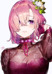 alternate_costume arm_up blush breasts cleavage duplicate earrings fate/grand_order fate_(series) female floral_print flower gloves hair_flower hair_ornament hair_over_one_eye highres jewelry leaf long_sleeves looking_at_viewer mash_kyrielight medium_breasts mika_pikazo parted_lips pink_hair print_shirt purple_eyes purple_flower purple_gloves rose_print shirt short_hair signature simple_background smile solo upper_body white_background white_flower yellow_flower