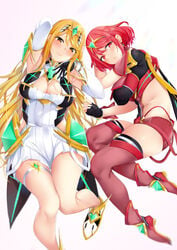 2girls absurdres ankle_boots arm_up armpits bangs bare_legs black_gloves blonde_hair blush boots breasts cleavage cleavage_cutout closed_mouth commentary commentary_request dress dual_persona earrings elbow_gloves eyebrows_visible_through_hair faulds female_focus fingerless_gloves gem gloves hand_on_own_chest highres jewelry large_breasts long_hair lying matching_hair/eyes multiple_girls mythra nintendo on_back on_side orange_eyes pyra red_eyes red_footwear red_hair red_legwear red_shorts revealing_clothes short_hair short_shorts shorts shoulder_armor sidelocks simple_background sweat swept_bangs tetora_(yumejihuka) thigh_gap thigh_strap thighhighs tiara very_long_hair white_background white_dress white_footwear white_gloves wrist_guards xenoblade_(series) xenoblade_chronicles_2