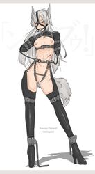 animal_ears ball_gag bondage bound breasts butterfly_straitjacket clitoris_piercing clitoris_ring collar cuffs female gag gagged gatling_raid high_heels highres nipple_piercing nipple_rings nipples original piercing pussy pussy_juice saliva silver_hair solo straitjacket sweat tail uncensored wolf_ears wolf_tail