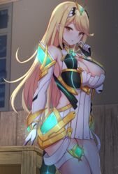 1girls :o bangs bare_shoulders blonde_hair blush breasts cleavage cowboy_shot dress elbow_gloves eyebrows_visible_through_hair faulds female gloves glowing hikari_(xenoblade_2) indoors large_breasts long_hair mythra night nintendo noeomi parted_lips pleated_dress short_dress shoulder_armor sleeveless sleeveless_dress solo straight_hair swept_bangs table thigh_strap tiara very_long_hair white_gloves wrist_guards xenoblade_(series) xenoblade_chronicles_2 yellow_eyes