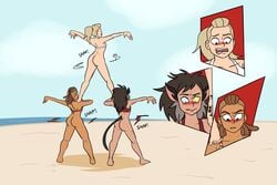 3girls adora ass beach bikini bikini_top black_eyes blonde_female blonde_hair blue_eyes blush bottomless bottomless_female brown_hair brown_tail cat_ears cat_tail catgirl catra commission cornrows dark-skinned_female dark_skin embarrassed embarrassed_nude_female enf female female_only funny heterochromia humor light-skinned_female light_skin long_hair lonnie_(she-ra) looking_down multiple_girls netflix ocean open_mouth parody ponytail pop_goes red_bikini red_bikini_top sand sea she-ra she-ra_and_the_princesses_of_power shocked straight_hair sweating swimsuit tail two_tone_bikini vlado wardrobe_malfunction white_bikini white_bikini_top yellow_eyes