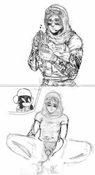 1boy 1girls camera crouching facepaint female female_focus funny helmet hood humming jager_(rainbow_six) looking_at_phone monochrome object_insertion partially_clothed_female rainbow_six rainbow_six_siege tattoo tom_clancy unfinished uniform valkyrie_(rainbow_six) white_background wrongnhoka