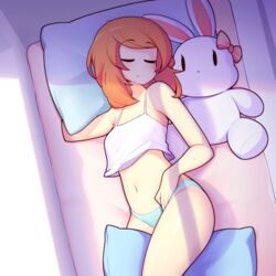 bare_midriff bed belly_button between_legs crop_top fizintine luna_(fizintine) original pillow plushie sleeping tank_top thick_thighs underwear