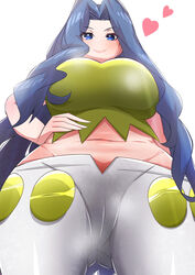 1girls alternate_breast_size belly big_breasts blue_eyes blue_hair blush breasts cameltoe clothed clothes elite_four eye_contact female female_only from_below fully_clothed hand_on_hips heart heavy_breathing huge_breasts human karen_(pokemon) karen_(pokemon_hgss) kikikitama long_hair looking_at_viewer mature_female midriff navel nintendo nipples nipples_visible_through_clothing pants pokemon pokemon_gsc pokemon_hgss pose pov shirt smile solo source_request tank_top thigh_gap