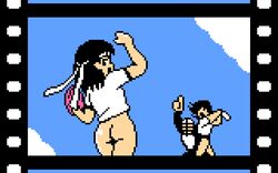 1girls 2boys 8-bit ass back_view bandana baseball_bat baseball_cap baseball_mitt black_hair bottomless cloud coconuts_japan famicom female female_focus film_reel gym_uniform hair human i_love_softball looking_at_viewer looking_back male nes no_panties open_mouth outdoors pitcher pixel_art saiwai_hiroshi softball sports t-shirt thumbs_up umpire video_games