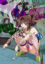 1girls cameltoe cigarette cigarette_pack female graffiti high_heels piercing prostitution queen_of_spades shoes smoking solo squatting straw_(artist) tattoo tea_gardner yu-gi-oh!