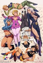 2019 6girls abs absurd_res artist_name bandana bangs bare_shoulders bed_sheet bike_shorts black_eyes black_hair black_legwear blonde_hair blue_eyes bob_cut boots bra braid breasts bruno_buccellati center_opening cleavage cleavage_cutout closed_mouth earrings female female_only full_body genderswap_(mtf) giorno_giovanna green_eyes guido_mista hair_ornament half-closed_eyes hand_on_another's_head hand_on_another's_hip hand_on_another's_shoulder hand_on_head hand_on_hip hand_on_shoulder hat head_pat heart_cutout high_heel_boots high_heels highres holding_hands hoop_earrings interlocked_fingers jewelry jojo's_bizarre_adventure large_breasts leone_abbacchio lips lipstick long_hair long_sleeves looking_at_another looking_at_viewer lying mafia mafioso makeup medium_breasts midriff multiple_girls narancia_ghirga navel on_back one_eye_closed open_mouth orange_legwear pannacotta_fugo pantyhose parted_lips petals pink_legwear polka_dot polka_dot_bra polka_dot_legwear purple_eyes purple_lipstick rule_63 scaitblue shoes short_hair shorts side_slit silver_hair small_breasts smile socks teeth thick_thighs thighhighs thighs tied_hair tongue underwear upper_teeth vento_aureo wide_hips