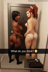 2girls 3d ass brigitte dark-skinned_female dressing_room garter_belt large_ass lingerie looking_at_viewer overwatch panties pharah ponytail red_hair selfie soundchaser128 stockings tagme