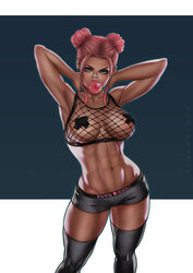 1girls abs armpits arms_behind_head big_breasts breasts bubble bubble_(dandon_fuga) bubble_gum cleavage dandon_fuga dark-skinned_female dark_skin female female_only fishnet_top fishnets hot_pants large_breasts looking_at_viewer muscular muscular_female original original_character pasties pink_hair shorts solo thighhighs