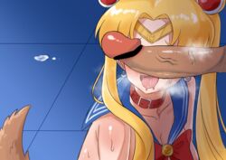 1boy absurdres bishoujo_senshi_sailor_moon blonde_hair blush breasts cleavage clothing collar crescent crescent_earrings dog_collar dog_tail drooling earrings female happy heavy_breathing highres in_heat jewelry medium_breasts meme nipples open_mouth penis penis_awe penis_on_face penis_over_eyes precum restrained sailor_collar sailor_moon sailor_moon_redraw_challenge sailor_senshi_uniform saliva smile straight sweat tail tsugumi7000 uncensored usagi_tsukino veins veiny_penis