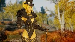 3d altmer areola_slip armor blender blush breasts cameltoe cane elf eyelashes female gauntlets gloves high_elf leotard medium_hair melfia_summervale pointy_ears relliel skyrim smile streaked_hair the_elder_scrolls thighs top_hat waving yellow_hair yellow_skin