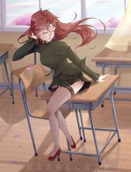 1girls 2020 absurd_res artist_name blue_eyes breasts chair cherry_blossoms classroom desk earrings female female_only full_body garter_straps genderswap_(mtf) green_clothing half-closed_eyes hand_on_head high_heels highres indoors jojo's_bizarre_adventure medium_breasts noriaki_kakyoin on_desk petals red_hair rule_63 seductive shirt sitting skirt sky smile solo stardust_crusaders thick_thighs thighhighs thighs usagichin watermark wind window zettai_ryouiki