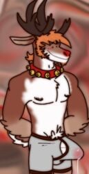 anthro antlers bell bodily_fluids boxers_(clothing) bulge capreoline cervid clothing collar erection genital_fluids hair hi_res horn humanoid jingle_bell male male_only mammal orange_hair precum pubes red_nose reindeer rudolf_(trigger_lex) smile trigger_lex underwear