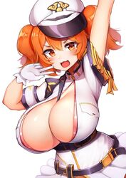 1girls blackfoxx98 blush breasts cerberus_(chairman_uniform)_(last_origin) cerberus_(last_origin) cleavage clothed clothing female female_only gigantic_breasts gloves hat huge_breasts human human_only last_origin light-skinned_female light_skin military_uniform orange_eyes orange_hair shiny_hair solo uniform white_background white_gloves