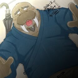 1:1 2020 anthro blush bodily_fluids brown_body drooling erection genitals hi_res humanoid_hands kemono male male_only mammal marine overweight overweight_male penis pinniped saliva solo tanutronik753_k tongue tongue_out walrus