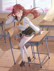 1girls 2020 absurd_res artist_name blue_eyes breasts chair cherry_blossoms classroom desk earrings female female_only full_body genderswap_(mtf) half-closed_eyes hand_on_head highres indoors jojo's_bizarre_adventure medium_breasts noriaki_kakyoin on_desk petals red_hair rule_63 school_uniform seductive shirt shoes sitting skirt sky smile solo stardust_crusaders thick_thighs thighhighs thighs usagichin watermark wind window zettai_ryouiki