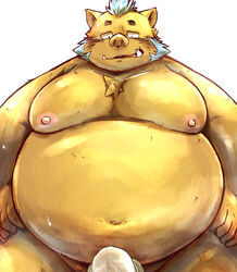 2020 absurd_res anthro belly brown_body brown_fur chiro_(artist) clothing erection erection_under_clothing fur furry gouryou hi_res humanoid_hands kemono male male_only mammal moobs nipples obese overweight overweight_male simple_background solo solo_male suid suina sus_(pig) tokyo_afterschool_summoners video_games white_background wild_boar