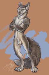 aerosaur83 animal_genitalia anthro balls canid canine fox genitals hi_res male male_only mammal nude pinup pose sheath solo