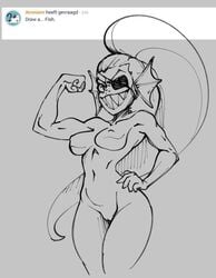 1_eye 2019 anthro breasts eye_patch eyewear female fish flexing genitals hair long_hair malcontentus marine merfolk muscular muscular_female nipples nude pussy sketch smile solo undertale undyne video_games