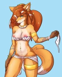 1girls anthro blue_background brown_hair damn_lasso_tool earrings egyptian_clothes erect_nipples eyebrows_visible_through_hair female fox furry green_eyes holding_panties medium_breasts navel_piercing nipples panties_removed simple_background smile solo top_pulled_down tubetop