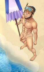 1boy abs amber_eyes bandage bara barefoot beach beach_umbrella beard black_hair disgerin erect_nipples erection facial_hair holding_object jarvan_lightshield_iv league_of_legends male_only muscular necklaces nude pecs pointed_ears pool_party_jarvan_iv snorkel solo swim_goggles veiny_muscles veiny_penis water