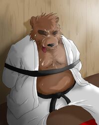 2009 anthro black_nose bodily_fluids bottomwear bound brown_body brown_fur closed_eyes clothing cum cum_on_chest cum_on_face fur genital_fluids hasukichi kemono male male_only mammal overweight overweight_male pants solo tongue tongue_out ursid