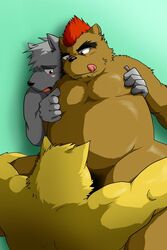 2010 2:3 anthro black_nose blush brown_body brown_fur canid canine canis fur grey_body grey_fur group hasukichi humanoid_hands kemono male male/male mammal moobs overweight overweight_male simple_background tongue tongue_out ursid wolf