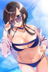 adjusting_eyewear adjusting_glasses ark_royal_(azur_lane) ark_royal_(coast_watcher)_(azur_lane) azur_lane bikini black_hair blue_bikini blue_eyes breasts choker cleavage collarbone eyebrows_visible_through_hair female female_focus female_only hair_between_eyes hand_on_hip highres large_breasts leaning_forward long_hair looking_over_eyewear looking_over_glasses navel off-shoulder_shirt see-through smile solo solo_female solo_focus sunglasses swimsuit tagme thigh_gap thigh_strap tinted_eyewear