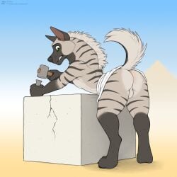 anthro ass backsack balls ballsack black_nose block clenched_teeth fur genitals grey_body grey_fur hammer hi_res hyena jishinu male mammal nail perineum rock solo striped_body striped_fur striped_hyena stripes tail teeth tools