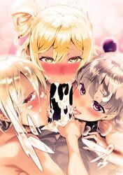 1boy 3girls bangs blush celis_reinhartd censored collaboration collaborative_fellatio colorized cum cum_in_mouth eyebrows_visible_through_hair facial fellatio greyscale group_sex hair_between_eyes harem heart heart-shaped_pupils highres licking licking_penis looking_at_viewer monochrome multiple_fellatio multiple_girls naruse_maria ookuma_(nitroplus) oral owendss98 penis shinmai_maou_no_testament straight symbol-shaped_pupils tachibana_nanao teamwork tongue tongue_out