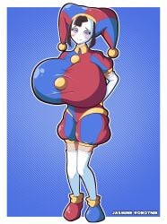 blush breasts breasts_bigger_than_head circus clothed female female_focus female_only glitch_productions gloves gooseworx hyper_breasts jasminerobotnik jester knee_high_socks kneesocks massive_breasts pomni pomni_(the_amazing_digital_circus) smile solo_female tadc the_amazing_digital_circus thighhighs