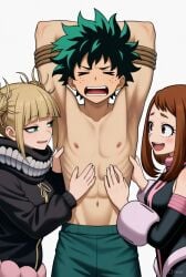 2girls 2girls1boy ai_art ai_generated blonde_hair boku_no_hero_academia bondage bra cleavage cuck cucked_by_lesbian cuckold deku dominant_female female himiko_toga izuku_midoriya leash male midoriya_izuku my_hero_academia ochako_uraraka panties scars scars_on_chest smile submissive_female submissive_male suit_and_tie threesome throuple tickle_torture tickling tickling_sides tied_to_chair tied_up tied_up_male toga_himiko topless_female underwear uraraka_ochaco uraraka_ochako uravity watching yuri
