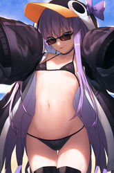 :p animal_hood bangs beach bikini black_bikini black_choker blue_eyes breasts brown-tinted_eyewear collarbone eyebrows_visible_through_hair fate/grand_order fate_(series) female female_only hood ibuki_notsu long_hair looking_at_viewer looking_over_eyewear looking_over_glasses looking_over_sunglasses meltryllis meltryllis_(swimsuit_lancer)_(fate) navel outdoors penguin_hood purple_hair sleeves_past_fingers sleeves_past_wrists small_breasts smile solo sunglasses swimsuit thigh_gap tinted_eyewear tongue tongue_out very_long_hair