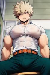abs ai_generated bakery bakugou_katsuki biceps breasts cake camp_buddy classroom compression_shirt dick enormous_breasts gay gym gym_uniform hiro_akiba huge_cock male muscular muscular_male my_hero_academia oriven penis shirt