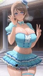 1girls ai_generated blue_bow blue_bowtie blue_eyes blue_shirt blue_skirt blush bow bowtie breasts brown_hair cleavage closed_mouth collarbone cowboy_shot crop_top detached_collar fellatio_gesture female frilled_skirt frills hat heart heart-shaped_pupils heavy_breathing large_breasts layered_skirt looking_at_viewer love_live! love_live!_sunshine!! midriff mini_hat miniskirt navel ok_sign outdoors pleated_skirt puffy_short_sleeves puffy_sleeves scrunchie shirt short_hair short_sleeves skindentation skirt smile solo standing stomach sweat swept_bangs symbol-shaped_pupils thigh_strap thighs tilted_headwear v vixmavis watanabe_you wrist_scrunchie