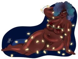 belly belly_button big_breasts big_thighs black_body black_skin christmas_lights chubby chubby_belly chubby_female colored_hair colorful_hair curly_hair dark-skinned_female dark_body dark_nipples dark_skin fat_female fat_thighs fat_tits glasses hair_over_one_eye kuroi_hime lips messy_hair sexy sexy_body sexy_pose shiny_ass shiny_body shiny_breasts shiny_butt shiny_skin shiny_thighs simple_background simple_coloring simple_shading teddybunnmt wrapped wrapped_up