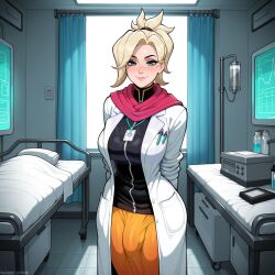 ai_generated arms_behind_back bed black_shirt blonde_hair blue_eyes blush breasts bulge clipboard closed_mouth clothing coat covered_penis curtains doctor erection erection_under_clothes female futanari high_ponytail hospital hospital_bed id_card indoors infirmary intersex lab_coat large_breasts lips long_sleeves looking_at_viewer lunaart mercy_(overwatch) name_tag nurse open_clothes orange_skirt overwatch penis ponytail scarf short_hair skirt smile solo standing stethoscope tile_floor tiles window yellow_skirt