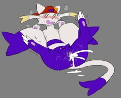 after_sex anthro anus blush bodily_fluids claws clothing cum cum_in_vagina cum_inside ejaculation fainted fainted_after_sex female generation_5_pokemon genital_fluids genitals hat headgear headwear hi_res leg_twitch legs_up lying mienshao nintendo on_back open_mouth pawpads paws pokemon pokemon_(species) shinyumbre simple_background solo spiral spiral_eyes spread_legs spreading tail vulva