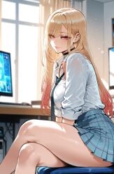 1girls ai_generated barbell_piercing black_choker blonde_hair blue_skirt blush breasts chair choker clothing collared_shirt colored_tips computer crossed_legs curvaceous curvaceous_female curvaceous_figure curvy curvy_figure ear_piercing earrings female female_focus gradient_hair gyaru indoors inviting inviting_to_sex jewelry kitagawa_marin large_breasts legs lips long_hair long_sleeves looking_at_viewer miniskirt miyuai monitor multicolored_hair necktie piercing plaid plaid_skirt pleated_skirt presenting presenting_ass presenting_hindquarters presenting_self red_eyes red_hair school_uniform seductive seductive_look seductive_smile shirt shirt_tucked_in sitting skirt sleeves_rolled_up smile solo sono_bisque_doll_wa_koi_wo_suru thighs uniform voluptuous voluptuous_female white_shirt window