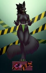 absurd_res anthro black_body black_fur breasts canid canine canis claws clothing coyote female flux fur green_clothing green_eyes green_tongue hi_res long_tongue mammal panties panty_pull paws rayley solo tongue underwear wedgie