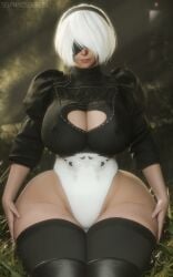 1girls 3d alternate_breast_size alternate_version_available asian asian_female big_breasts big_thighs black_blindfold blindfold blindfolded boob_window boobs_bigger_than_head breasts breasts_bigger_than_head child_bearing_hips cleavage cleavage_cutout clothed clothing curvaceous curvaceous_body curvaceous_female curvaceous_figure curvaceous_hips curvaceous_thighs curvy curvy_body curvy_female curvy_figure curvy_hips detailed_background eyewear female female_only forest grass hair_accessory hair_over_one_eye hands_on_legs hands_on_thighs headband hips hips_wider_than_shoulders holding huge_boobs huge_breasts leotard light-skinned_female lips massive_thighs mole mole_under_mouth nier nier:_automata nier_(series) nipple_bulge nipples_visible_through_clothing outdoors partially_clothed presenting presenting_thighs robot robot_girl robot_humanoid selfmindsources short_hair sitting smile smiling smirk solo solo_female solo_focus squish stockings stomach thick thick_hips thick_legs thick_thighs thigh_squish thighs white_hair wide_hips yorha_2b